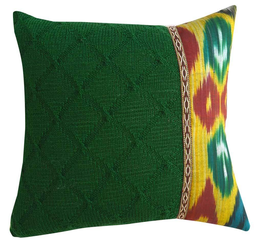 Green handknit ikat cushion cover for Christmas decor