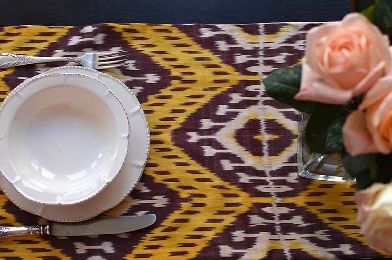 Yellow brown Uzbek Ikat table runner