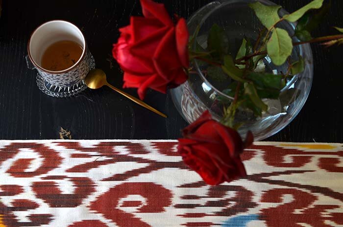 Red white Uzbek ikat fabric with roses