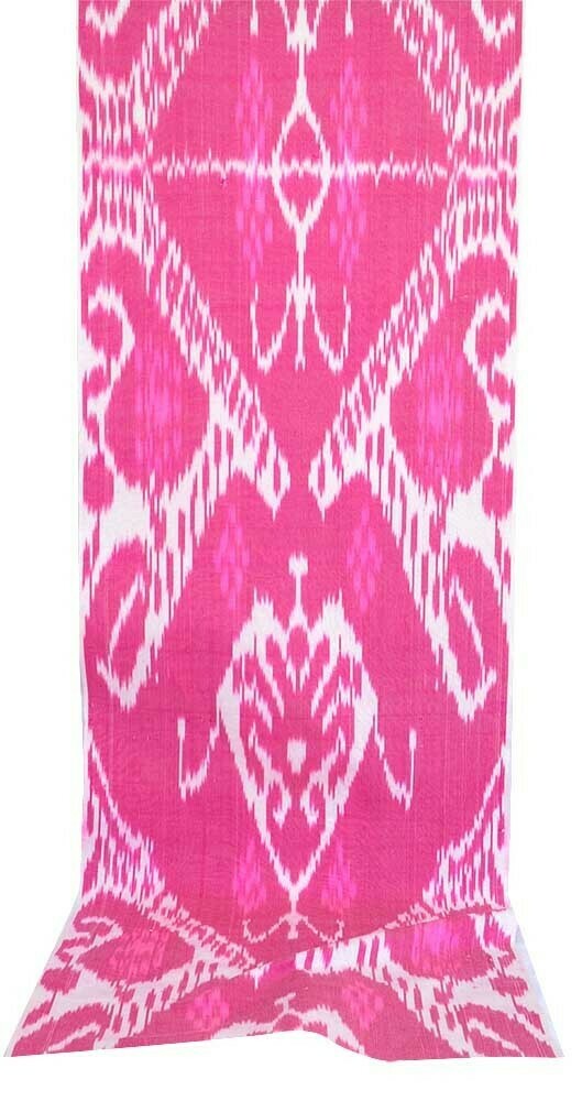 Hot pink and white ikat fabric, handwoven, UzbekAlive