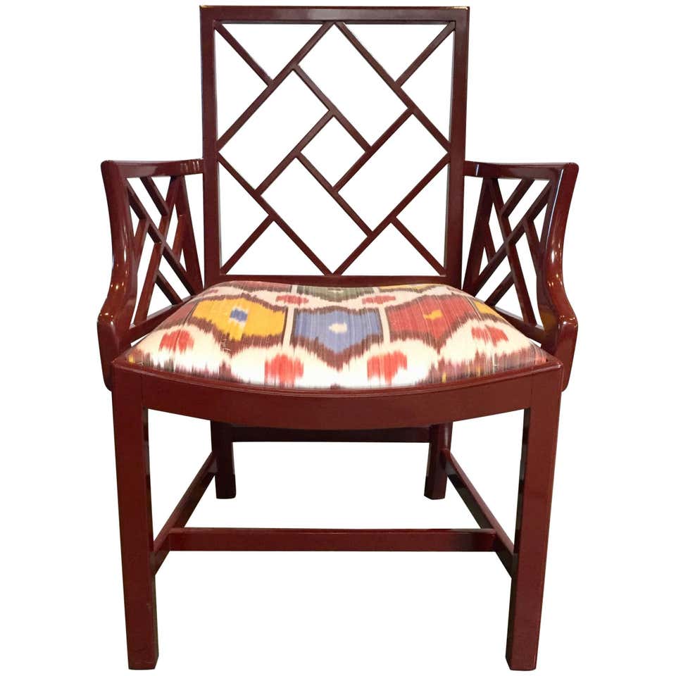 Ikat upholstered red lacquered Chinese Chippendale Chair