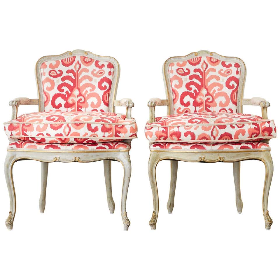 Ikat fabric upholstered pair of French Louis XV Style Painted Fauteuil Armchairs