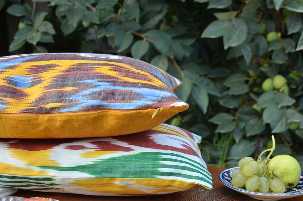 ikat outdoor pillows from Uzbekistan. Bold ikat pattern. Natural fibers.