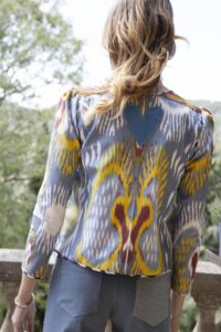 Back of blue ikat jacket by Alex of Bohemia