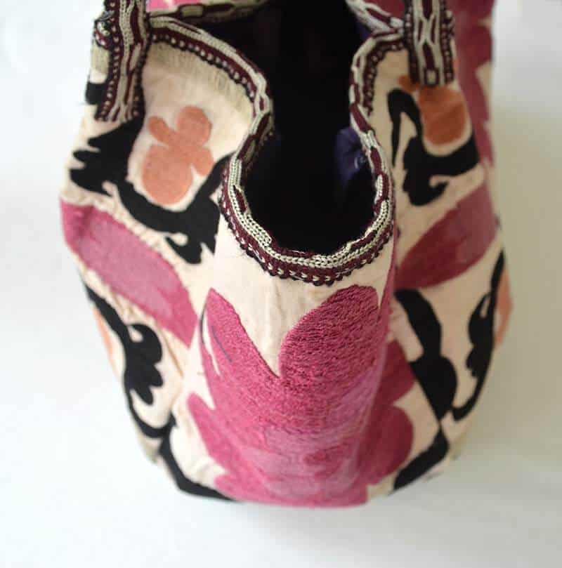 Beige, fuchsia and black ethnic Uzbek suzani bag