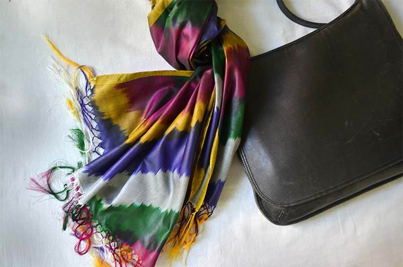 Multicolor pure silk handwoven ikat scarf from Uzbekistan.