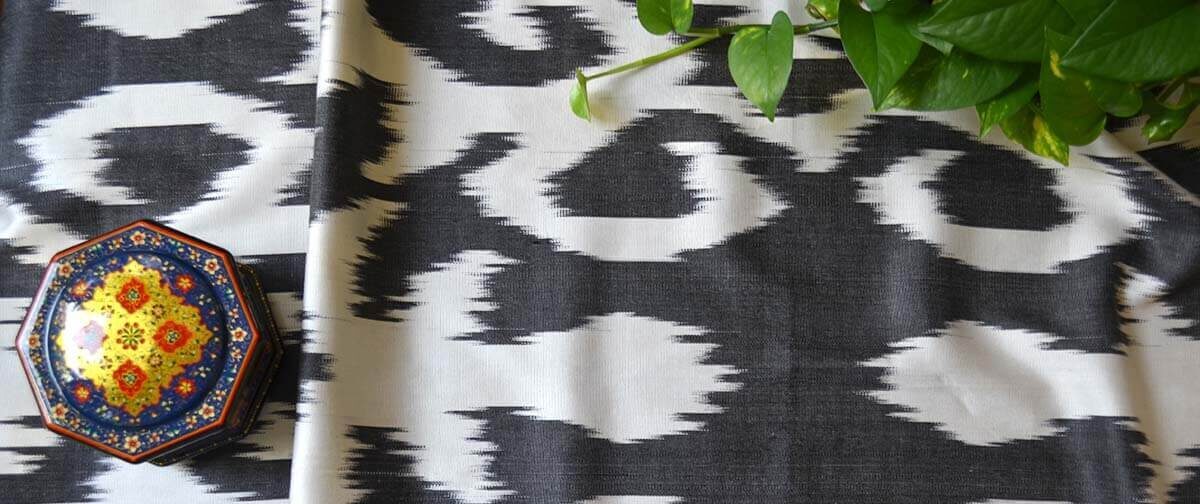 Black and white cotton silk kat fabric from Uzbekistan