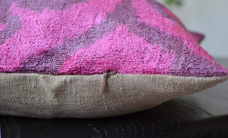 Hot pink ikat velvet pillow cover with linen from Uzbekistan