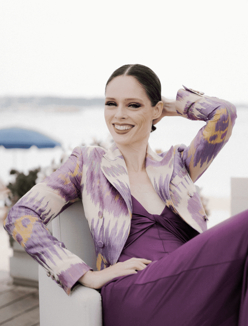 Coco Rocha in Cannes at Ralph Lauren lunch wearing 2022 RL collection ikat fabric jacket