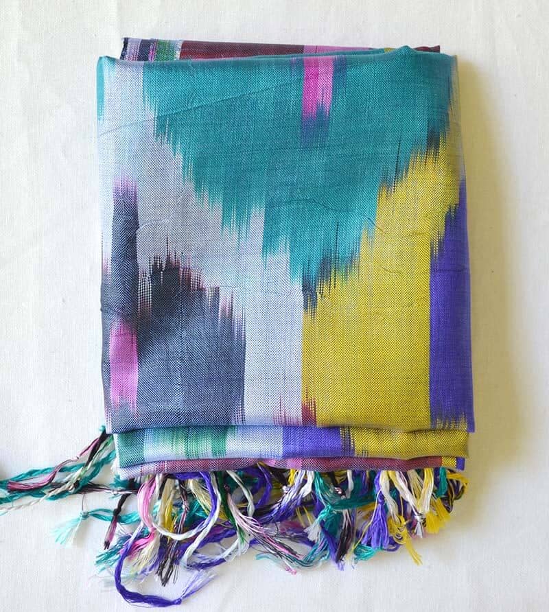 Turquoise, yellow, gray, fuchsia ikat silk scarf from Uzbekistan