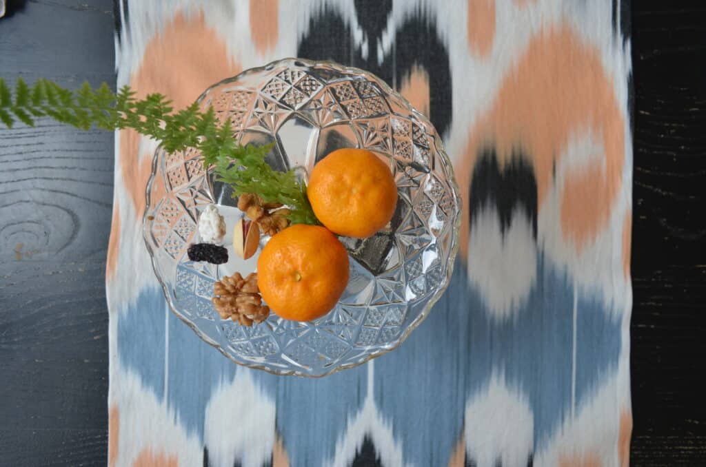 Blue, white and peach washable ikat table runner