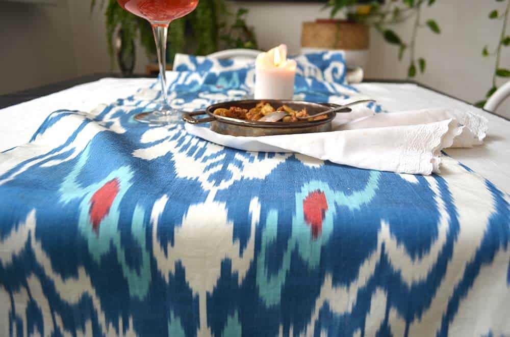 Blue, white and red ikat table runner from Uzbekistan