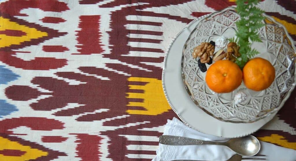 Rustic red, burgundy, white and yellow ikat table runner