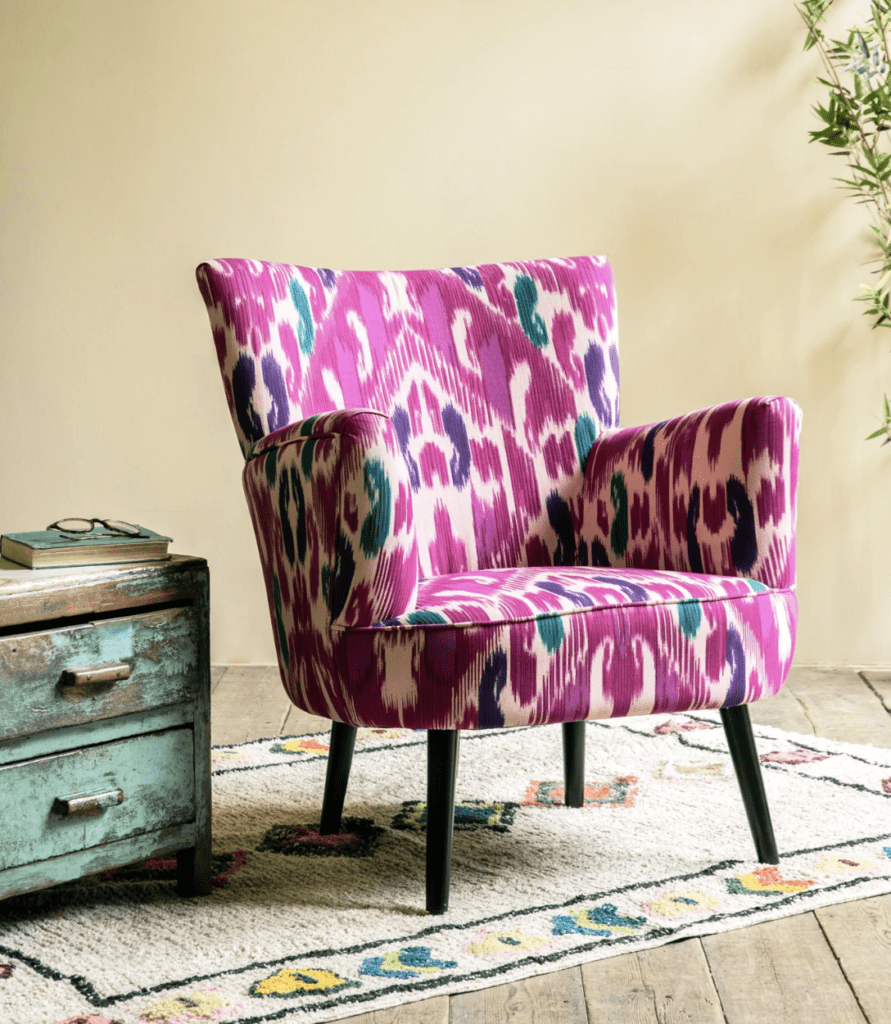 Pink Ikat ArmChair by Ian Snow upholstered with Uzbek ikat fabric