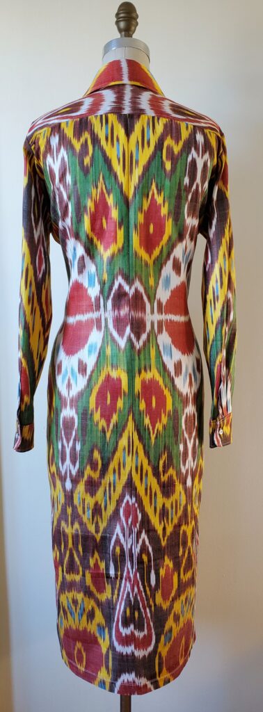 Uzbek ikat fabric multicolor dress by Kyle Pearson, back view