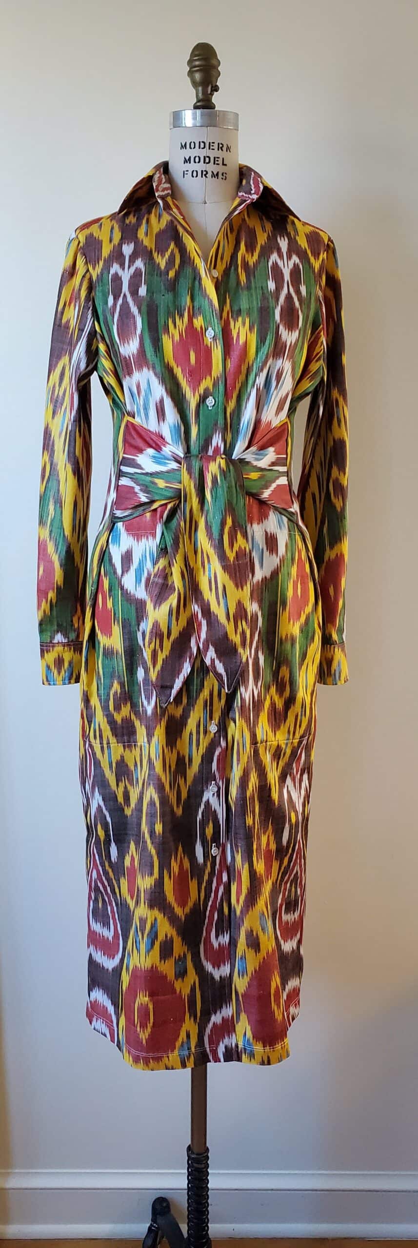 Green multicolor ikat dress designed by Chicago based fashion designer Kyle Pearson