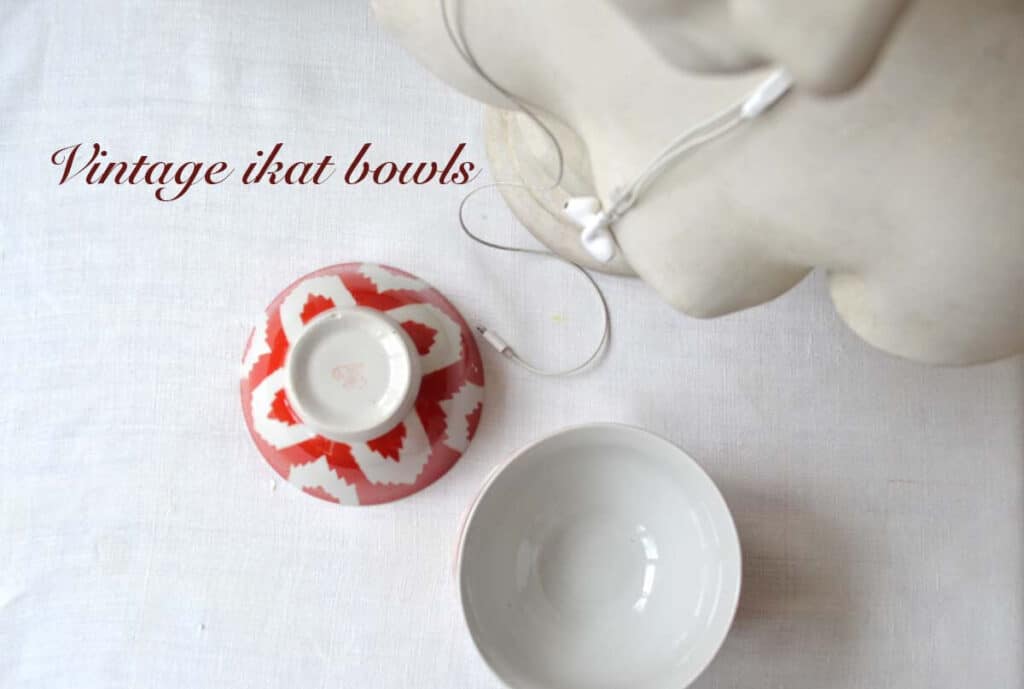 Vintage porcelain red and white ikat bowl from Uzbekistan
